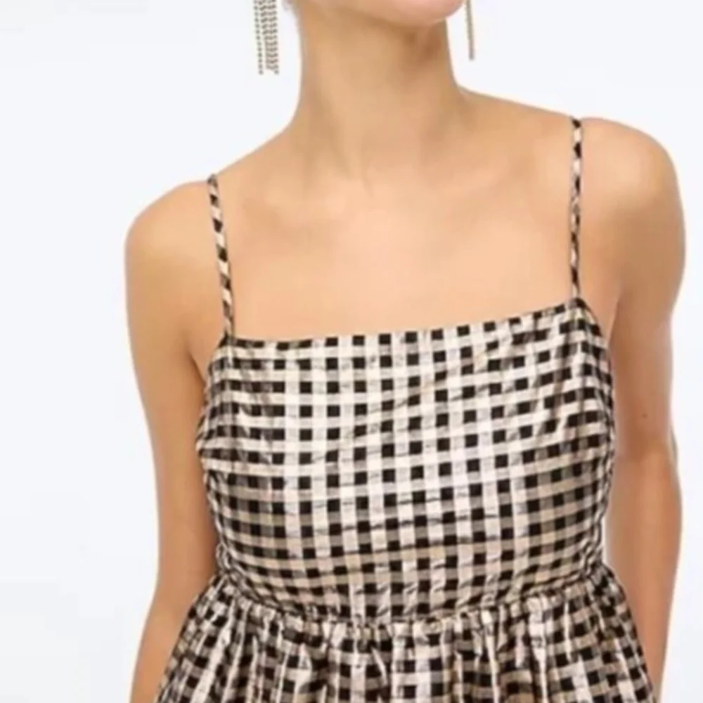 J . CREW BLACK GOLD LUREX METALLIC GINGHAM TIERED MINI DRESS  - Picture 2 of 6